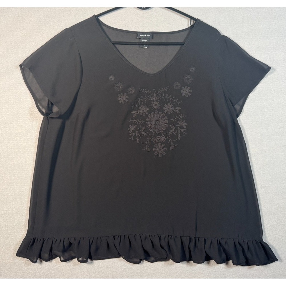 Torrid Women's V Neck Sheer Black Blouse - Size 1 - Made In 2016 - 100% Cotton